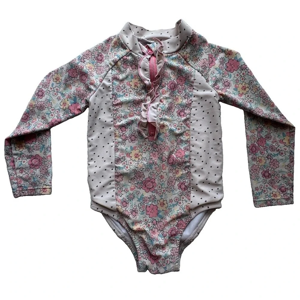 Jessica Simpson Floral Long Sleeve One Piece Swimsuit In Pink And Cream, Size 2T